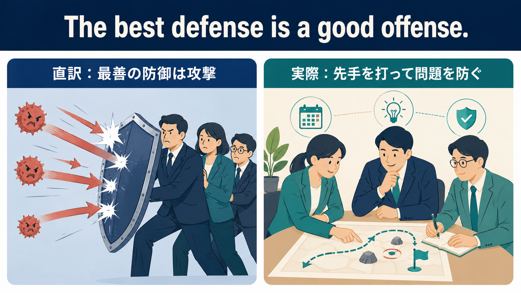The best defense is a good offense.の直訳と実際のニュアンスを比較する図解