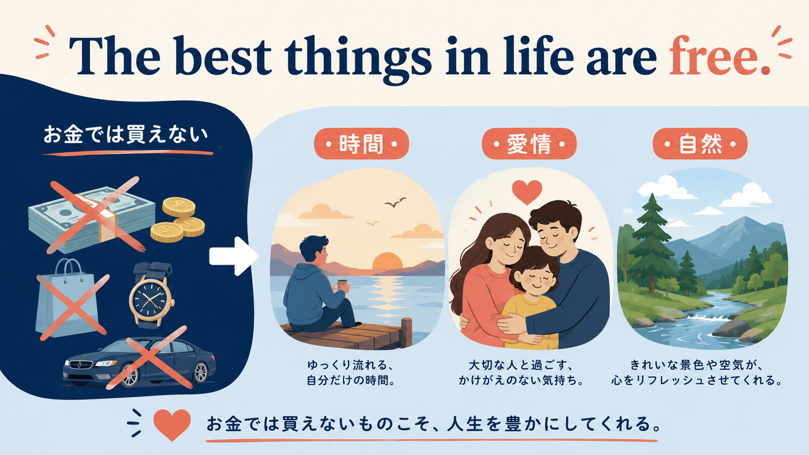 The best things in life are free.の直訳と実際のニュアンスを示す解説図
