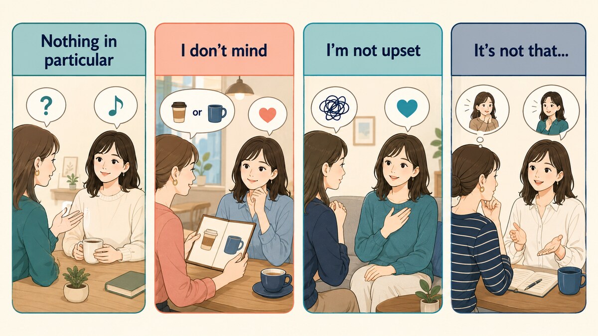 Nothing in particular・I don't mind・I'm not upset・It's not thatで表す「別に」の違い