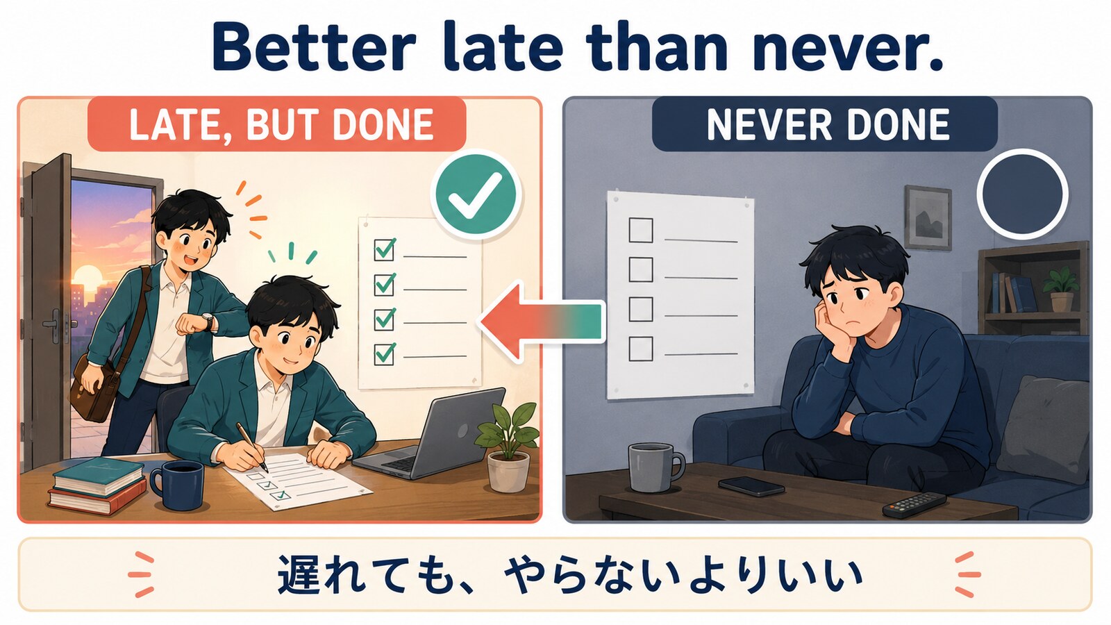 Better late than neverの「遅れても実行」と「何もしない」の違いを示す比較イラスト