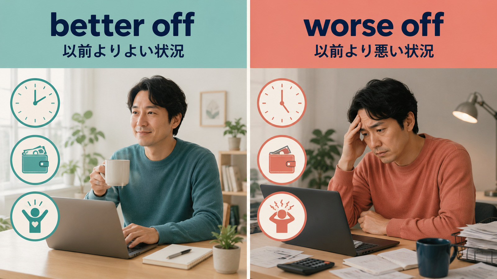 better offとworse offの状況の違いを示す比較イラスト