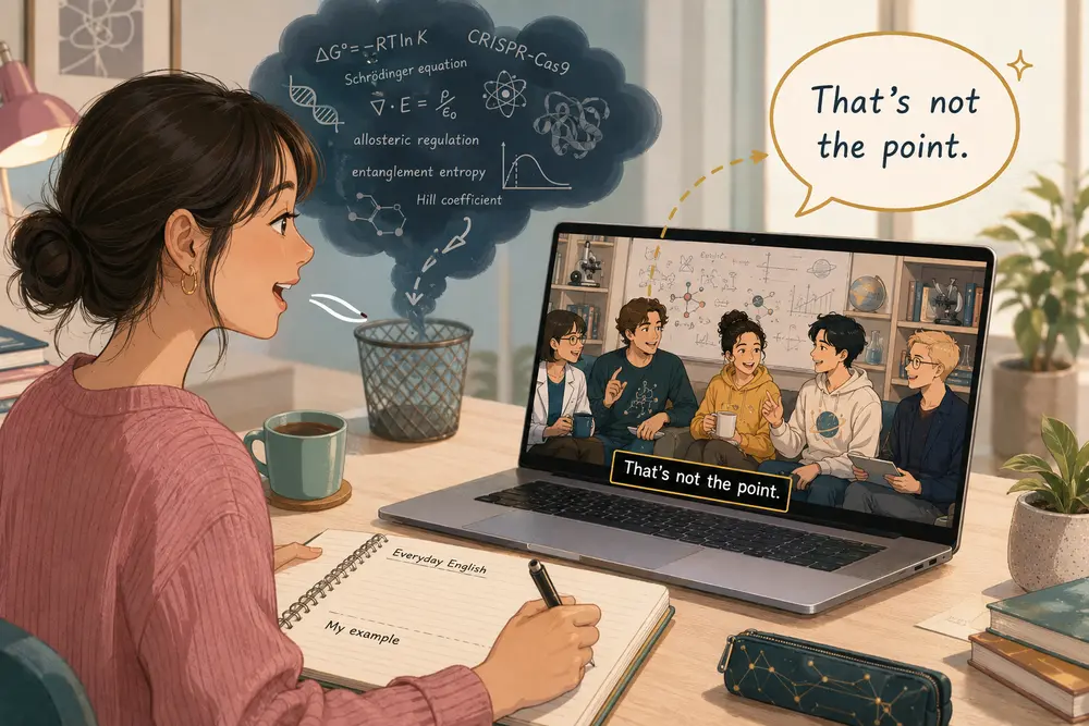 科学用語と日常英語を分けて海外ドラマで学習する女性