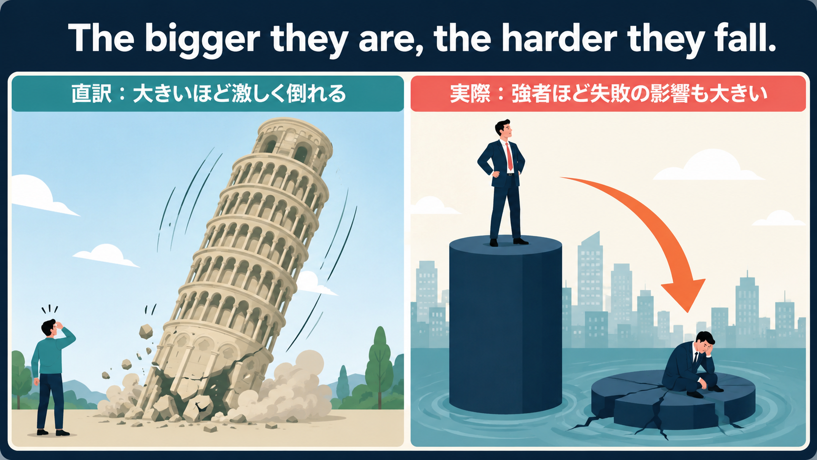 The bigger they are, the harder they fall.の直訳と実際のニュアンスを比較する図解