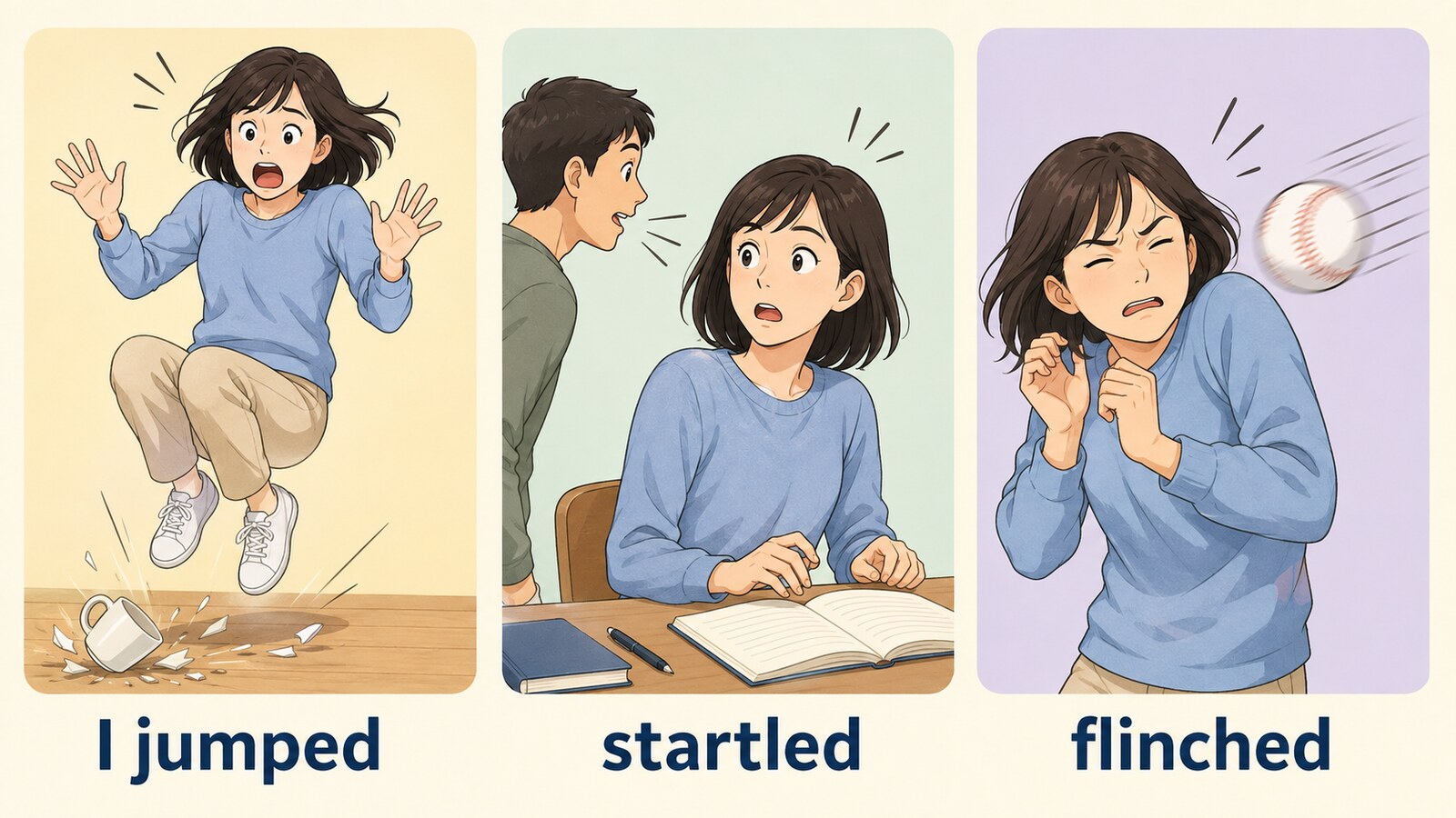 I jumped、startled、flinchedの違いを表す3場面のイラスト