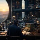 成功の象徴を脇に置き広大な図書館で学び続ける架空の人物