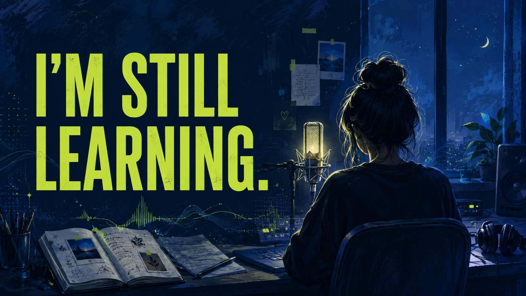 I’m still learning. という英語の言葉と、夜の録音スタジオで学び続ける若い歌手を描いたイラスト