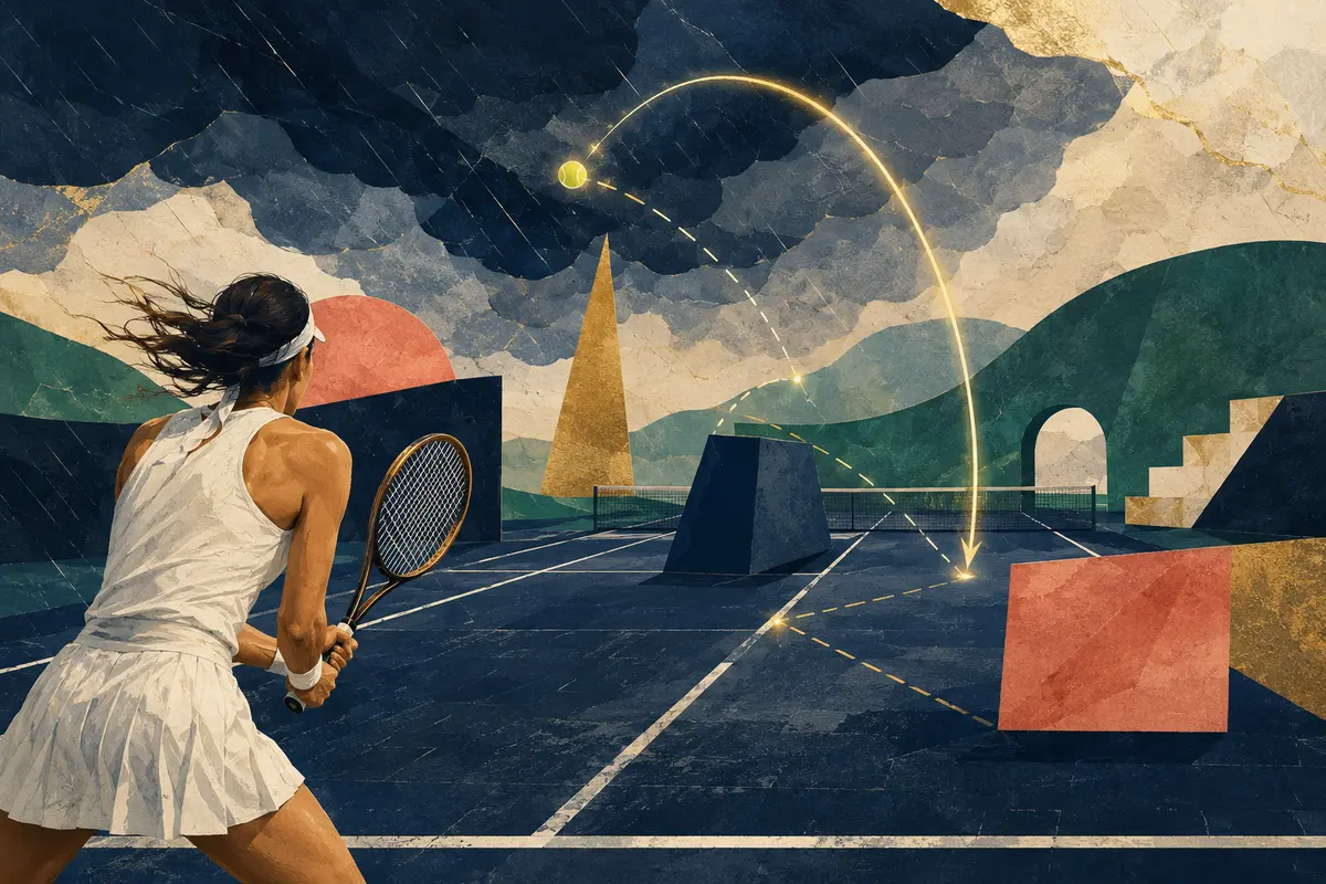 A tennis player adapting under pressure as obstacles become a clear path
