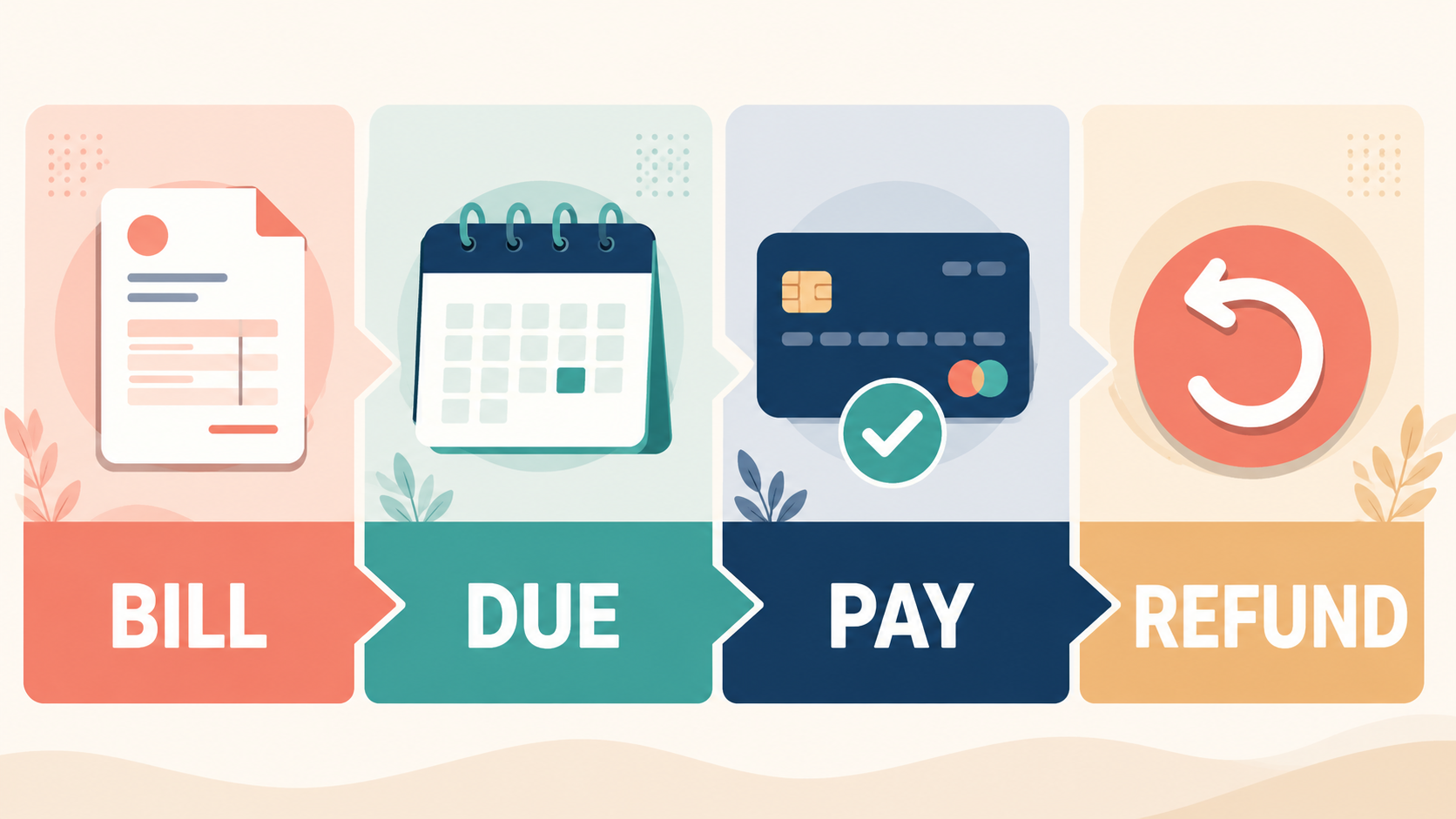 BILL・DUE・PAY・REFUNDの4段階で請求から返金までを示す図