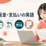 請求・返金・支払いの英語を学ぶ女性と請求書・カレンダー・返金・カードのイラスト
