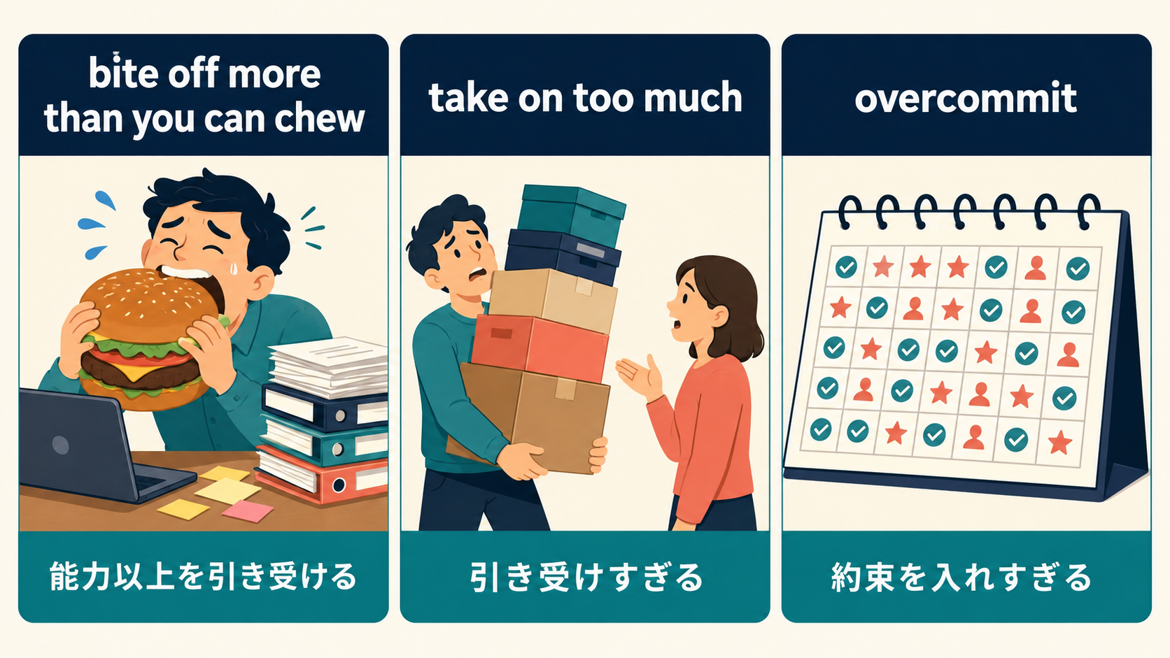 bite off more than you can chew、take on too much、overcommitの違い