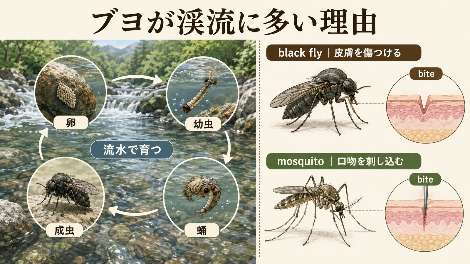 ブヨの流水での一生と蚊との吸血方法の違いを示す解説図