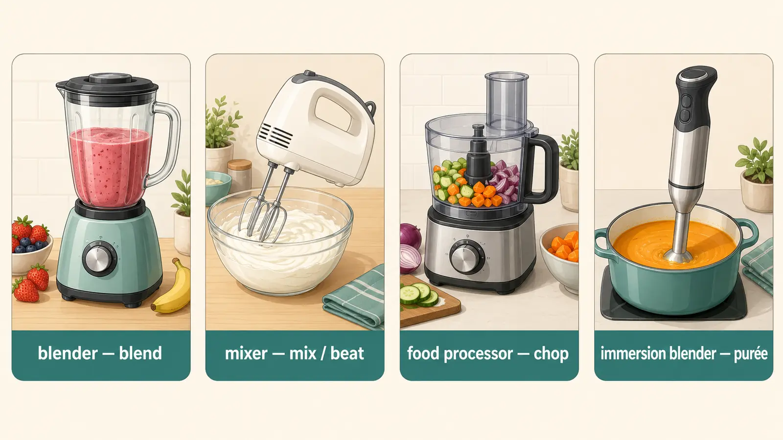 blenderとmixerとfood processorとimmersion blenderの違いを示す図解