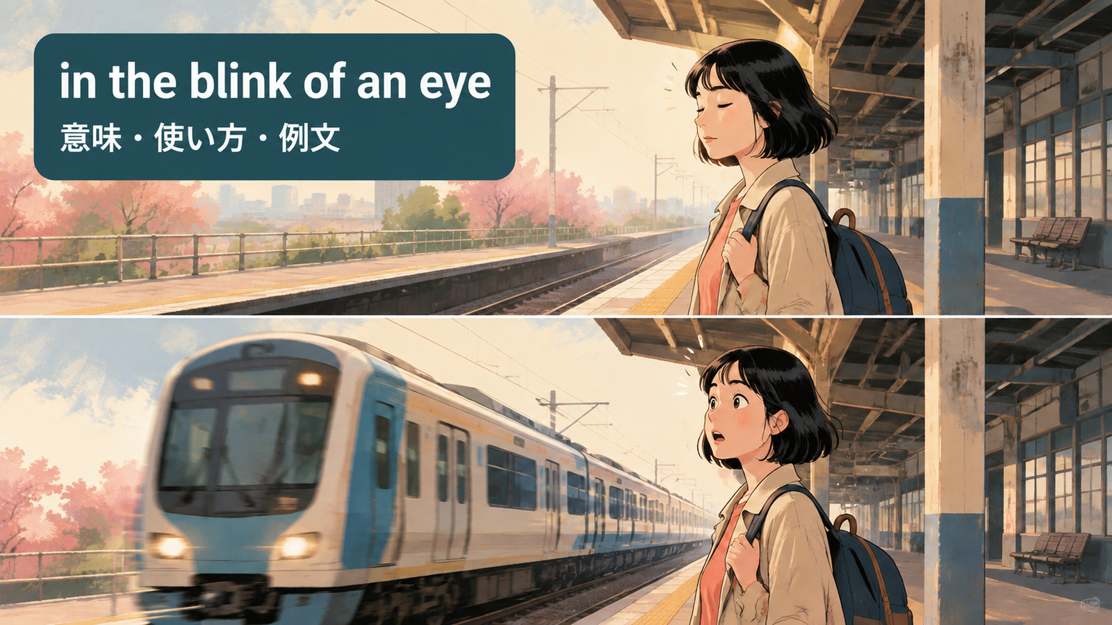in the blink of an eyeの意味と使い方を示すアイキャッチ
