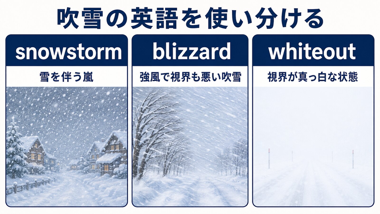 snowstorm、blizzard、whiteoutの意味の違いを示す図解
