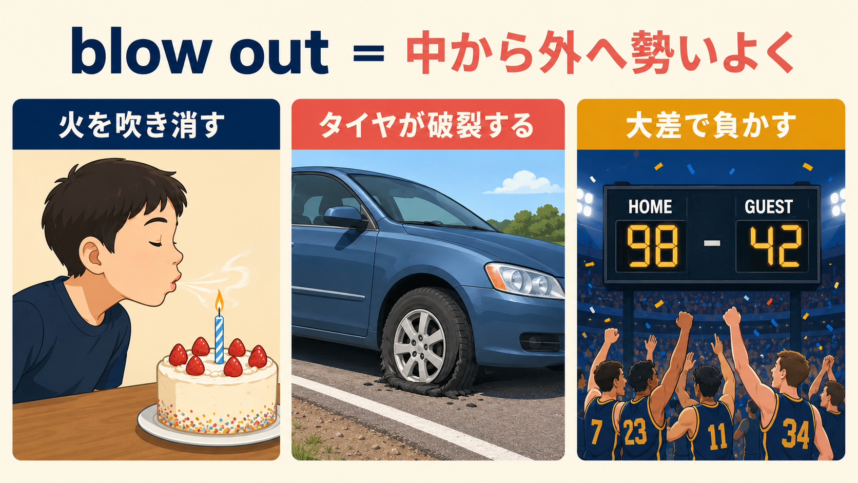 blow outの火を吹き消す・タイヤが破裂する・大差で負かすという3つの意味
