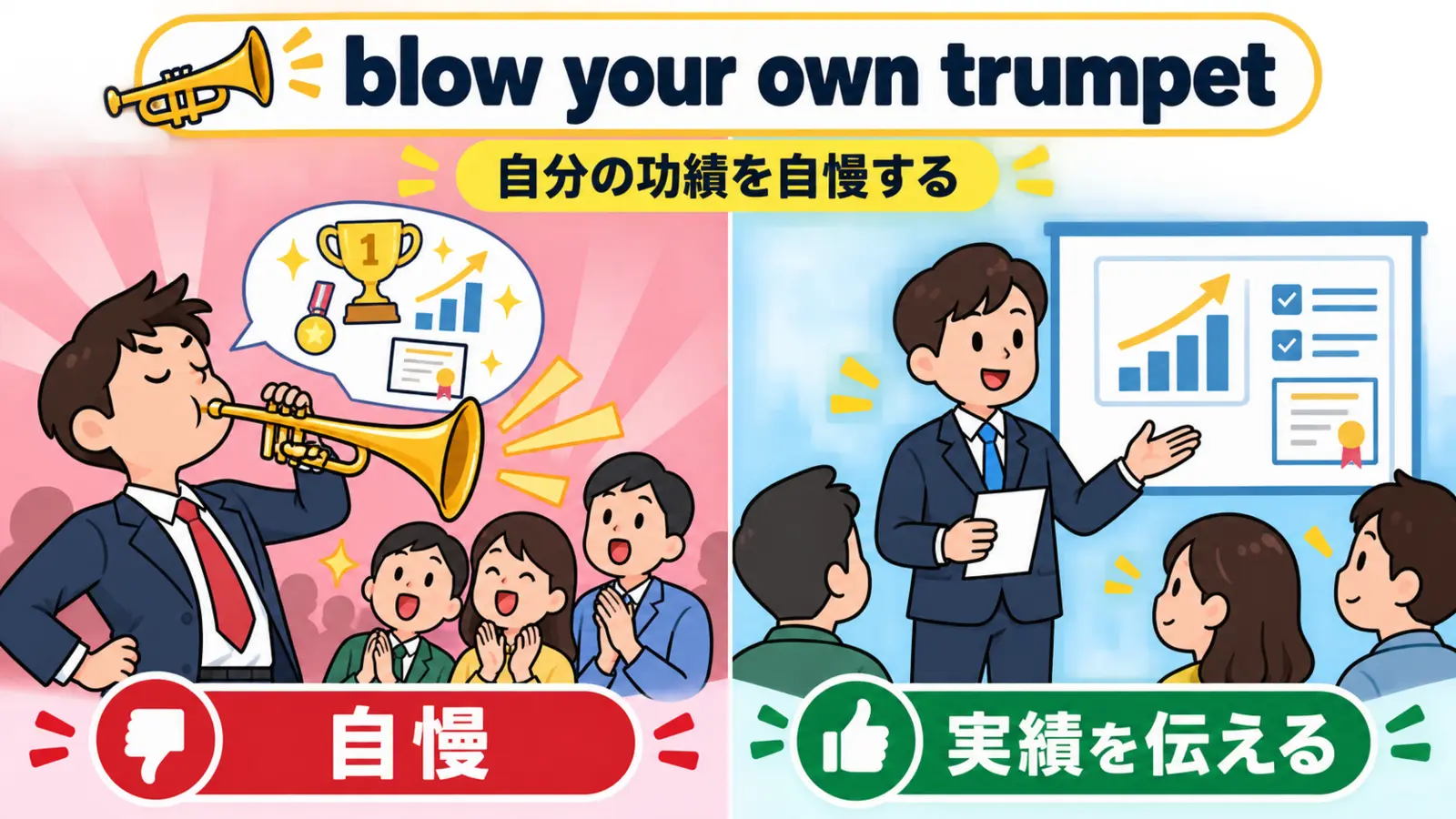blow your own trumpetの直訳と実際のニュアンスを比較する解説イラスト