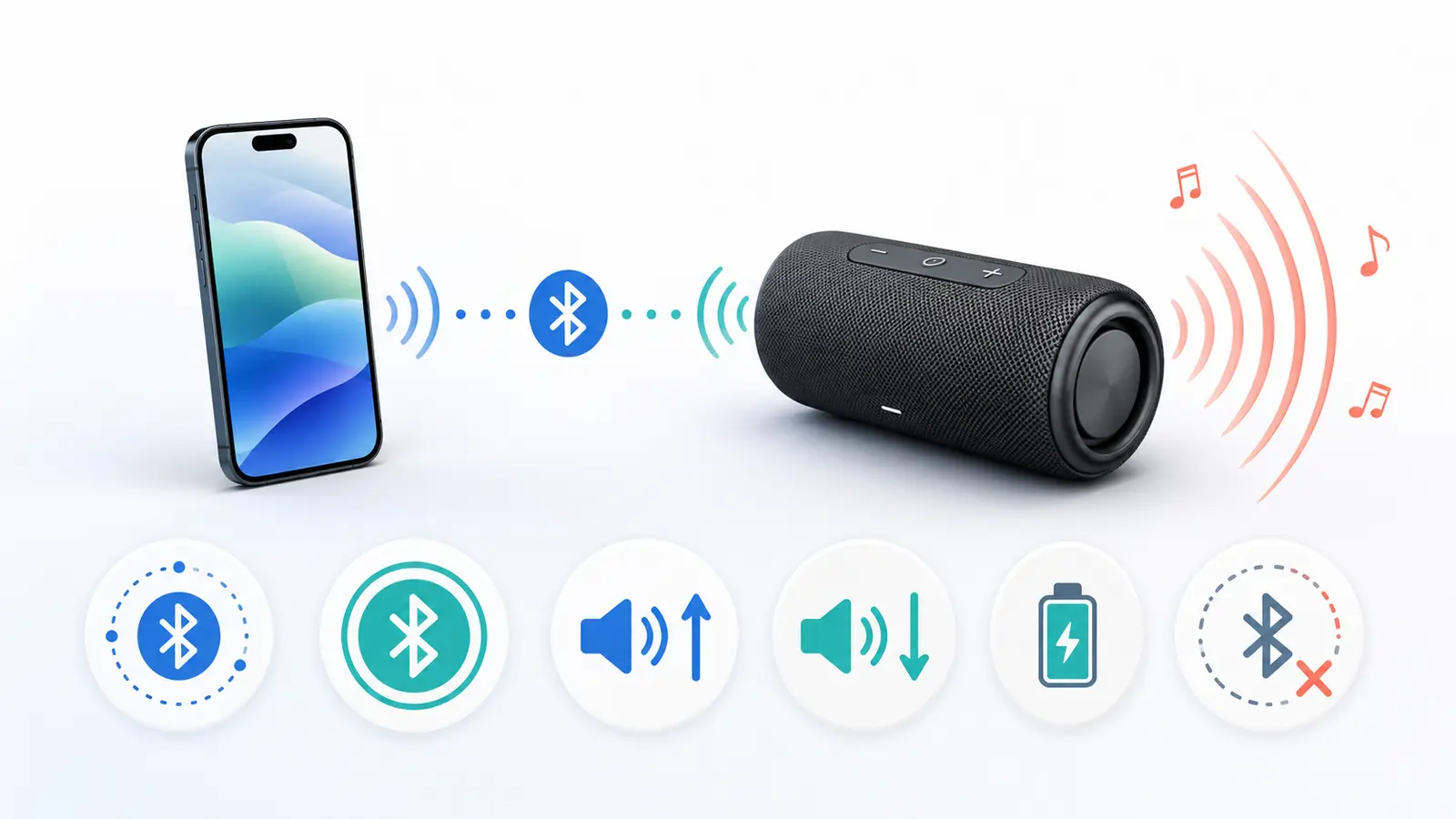 スマートフォンとBluetoothスピーカーの接続・音量・充電を示す図