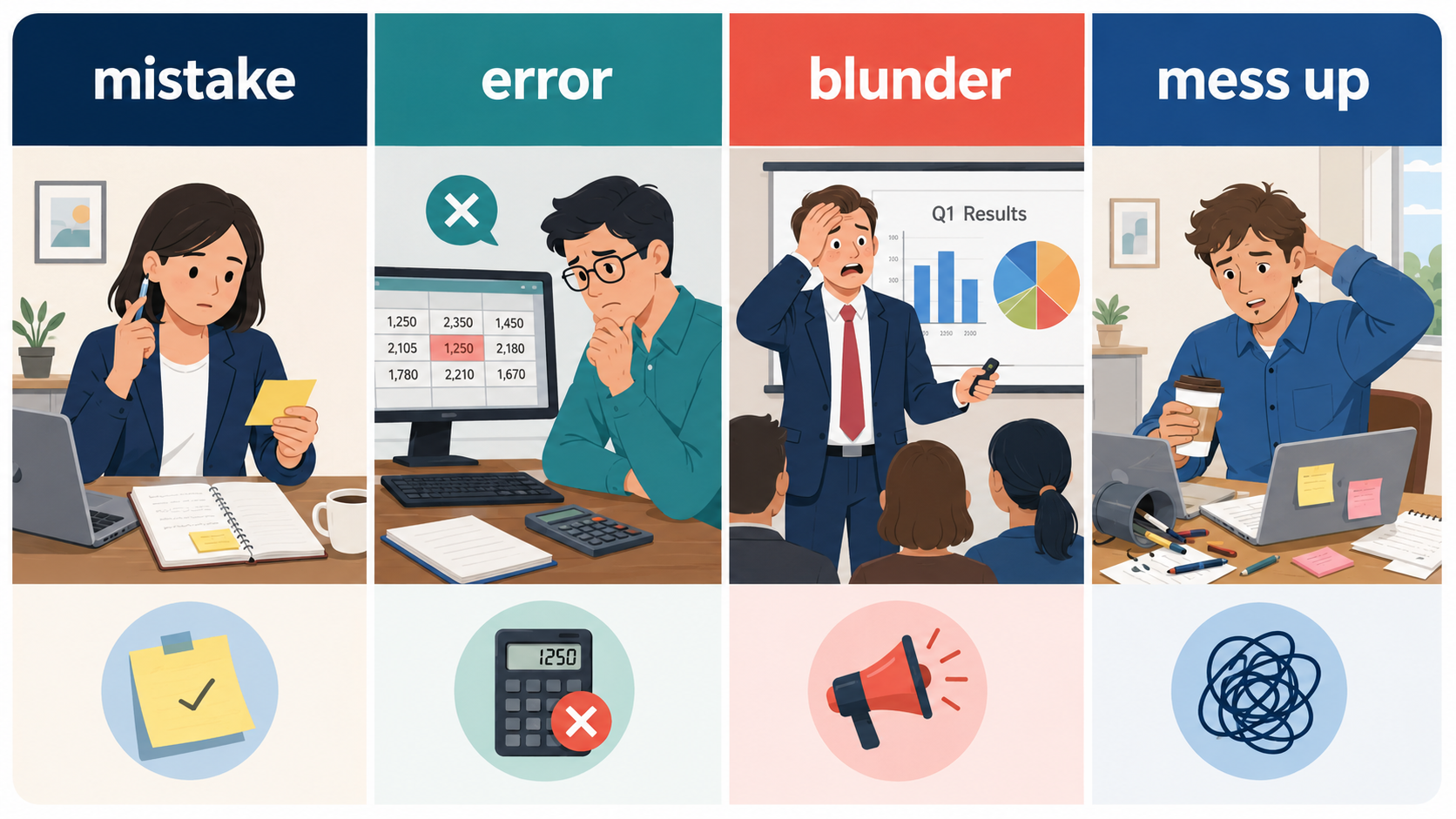 mistake・error・blunder・mess upのニュアンスを比較する図