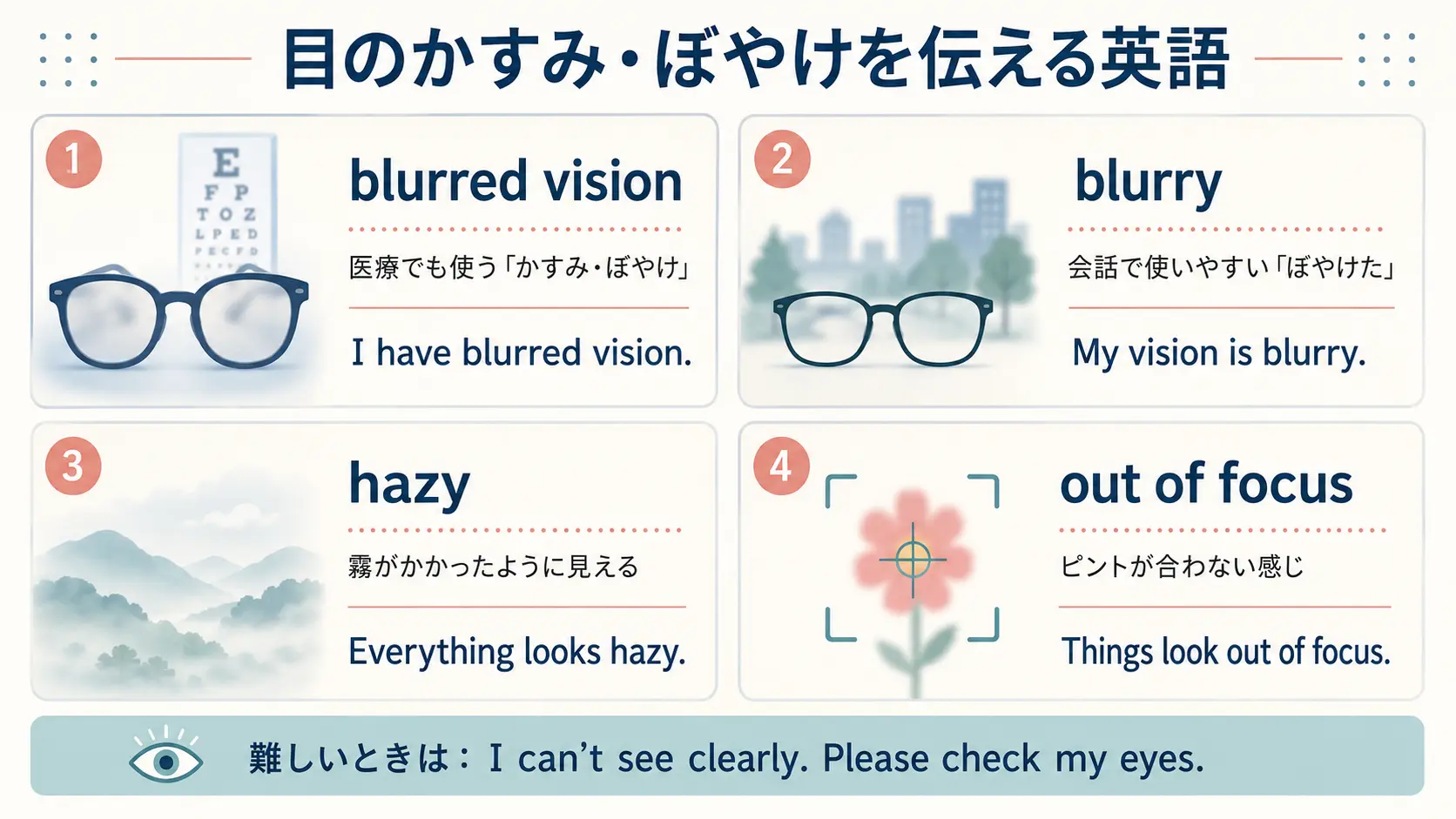 blurred vision・blurry・hazy・out of focusの違い