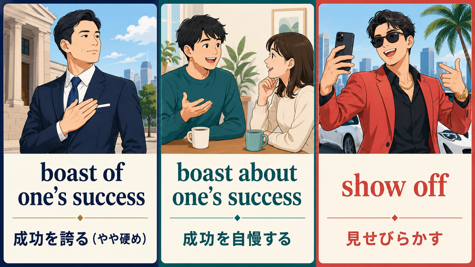 boast ofとboast aboutとshow offのニュアンスの違いを比較するイラスト