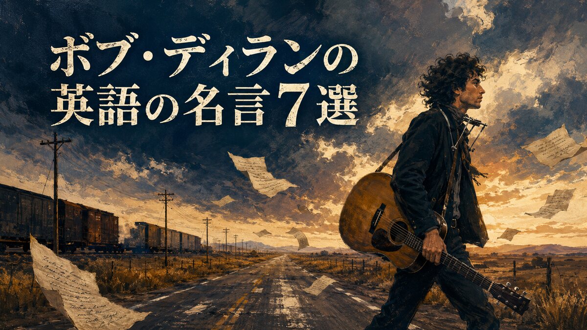 風の吹く一本道をギターとハーモニカを携えて歩くフォーク歌手のイラスト