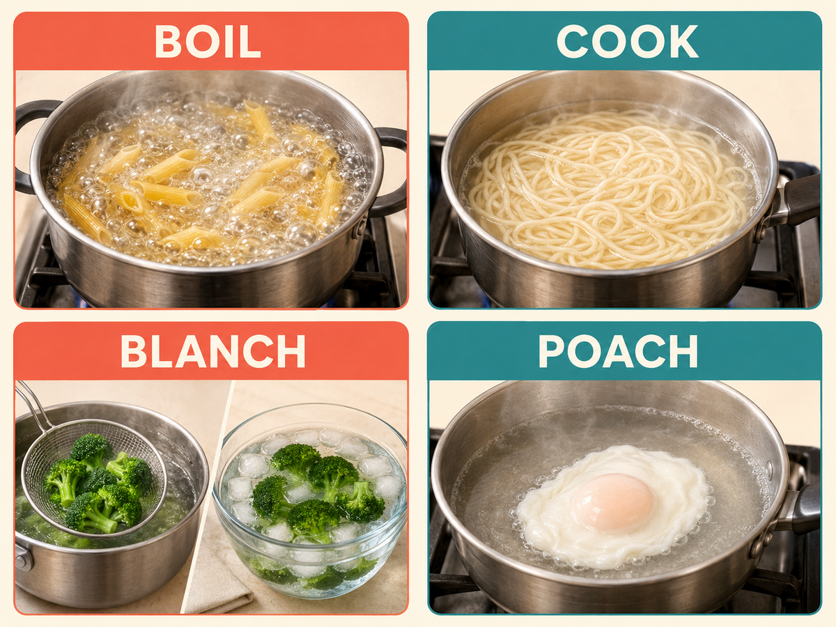 boil、cook、blanch、poachの調理方法の違いを示す解説イラスト