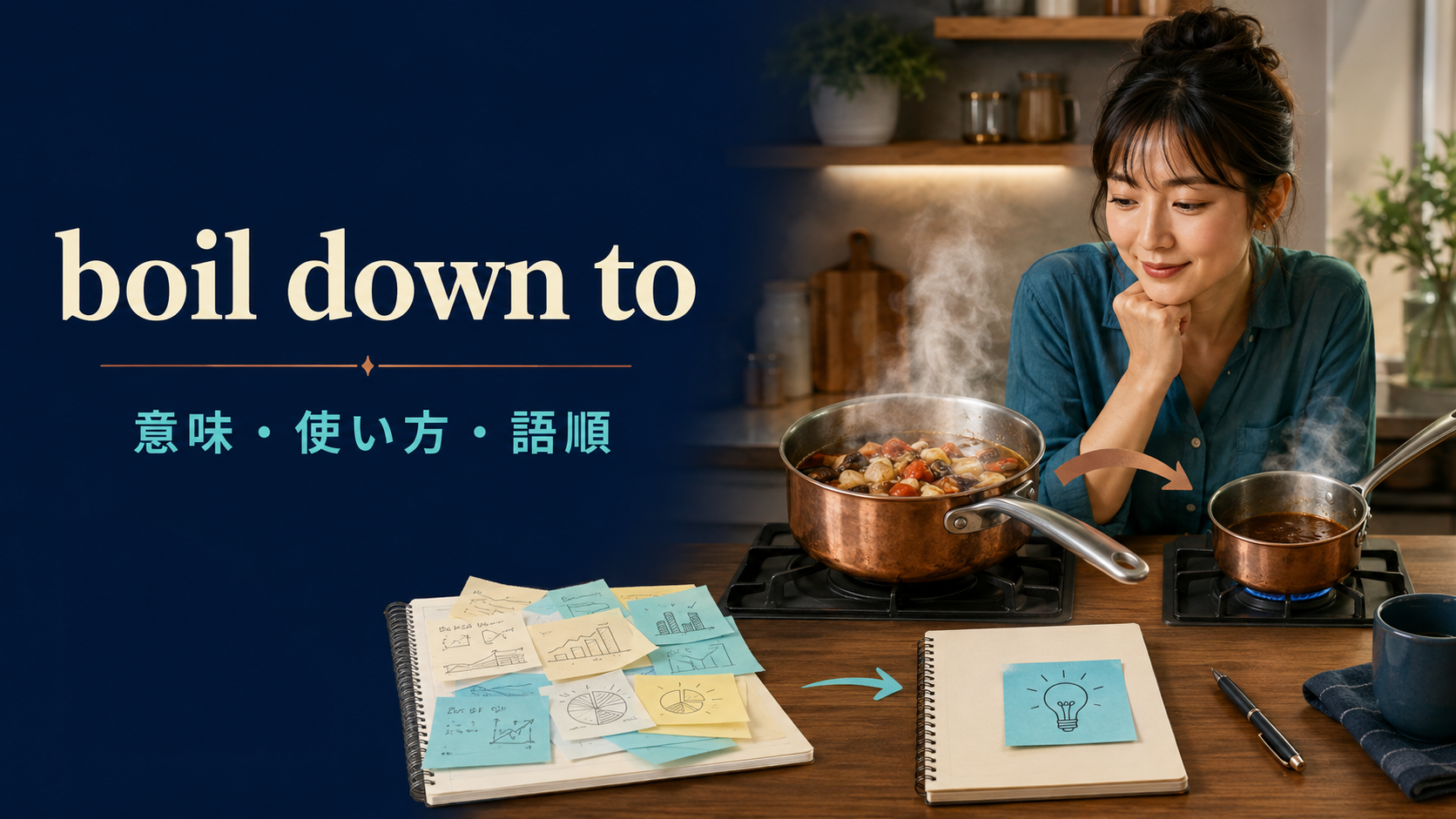 boil down toの意味・使い方・語順を解説するアイキャッチ画像