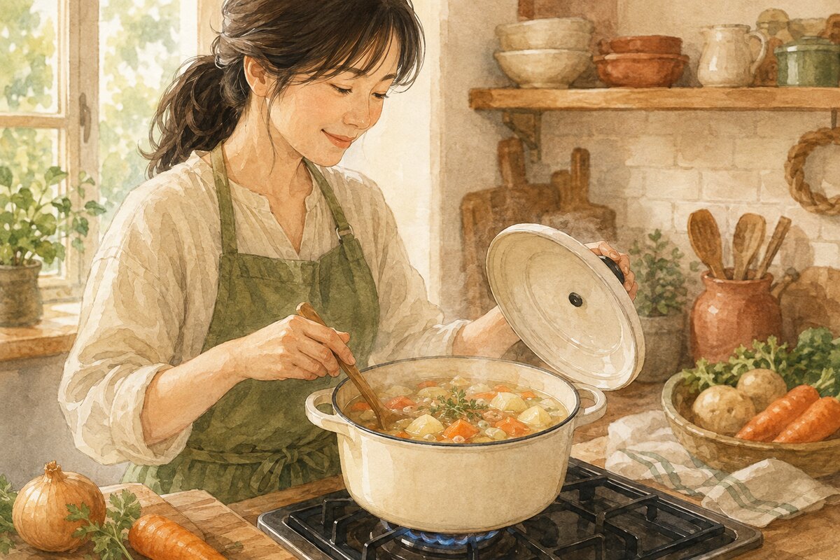 鍋で野菜スープをコトコト煮る女性