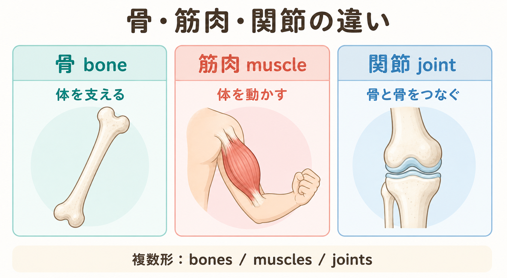骨 boneは体を支える、筋肉 muscleは体を動かす、関節 jointは骨と骨をつなぐ