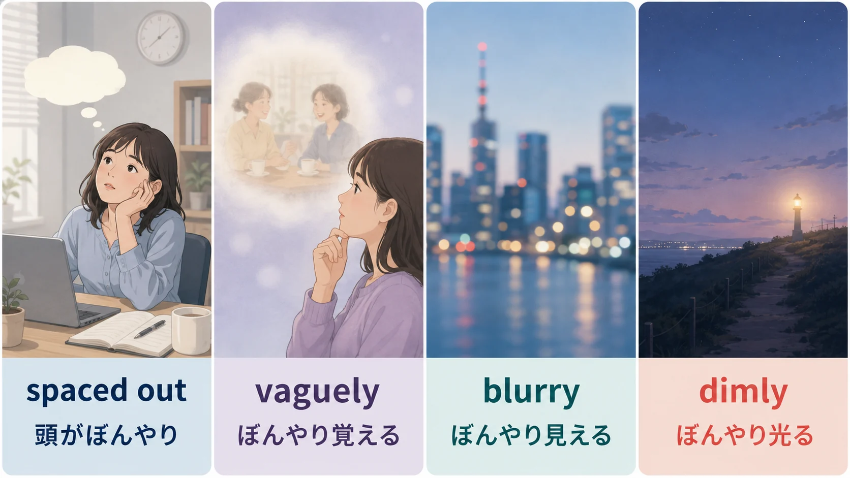 spaced out・vaguely・blurry・dimlyの使い分け
