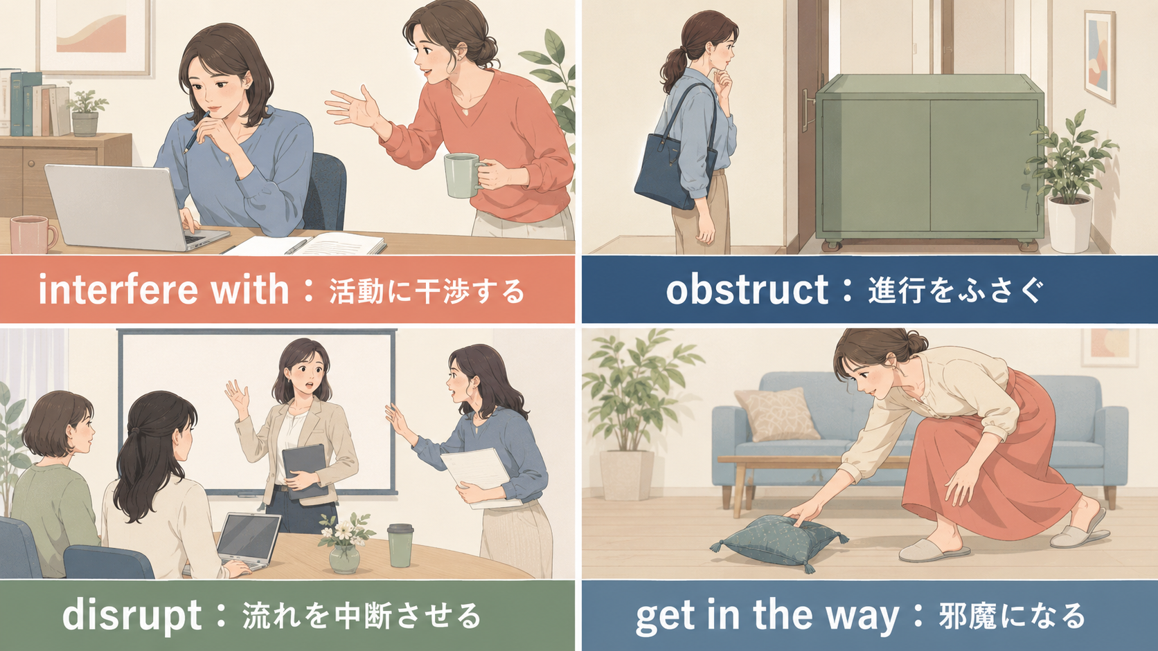 interfere with・obstruct・disrupt・get in the wayの意味を4場面で比較