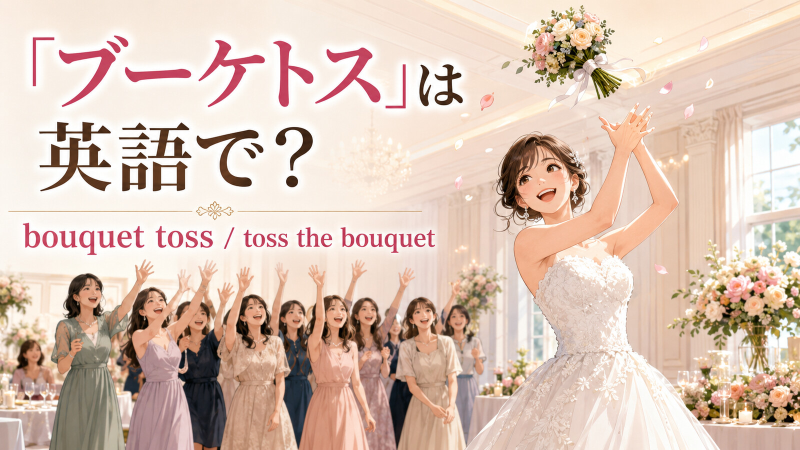 「ブーケトス」は英語で？bouquet tossとtoss the bouquetの違い・例文