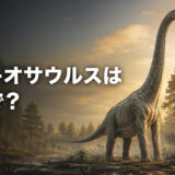 ジュラ紀の森に立つブラキオサウルスと「ブラキオサウルスは英語で？」の文字