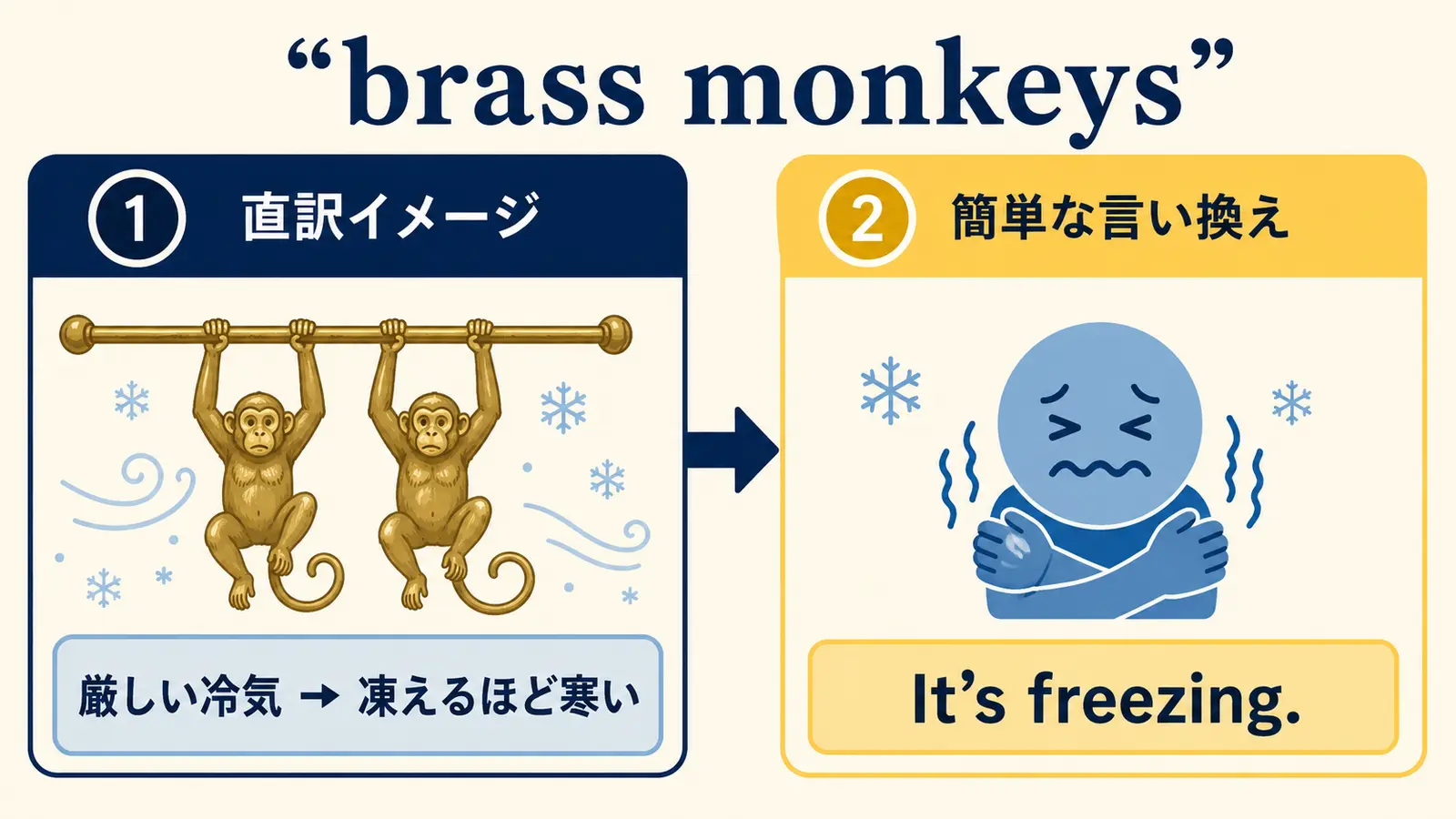 brass monkeysの直訳イメージと実際の意味の図解