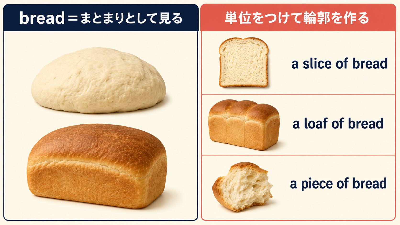 breadをa slice、a loaf、a pieceの単位で数える方法の図解