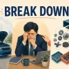 BREAK DOWNの文字と、車の故障・泣き崩れる人・部品への分解を描いたイラスト