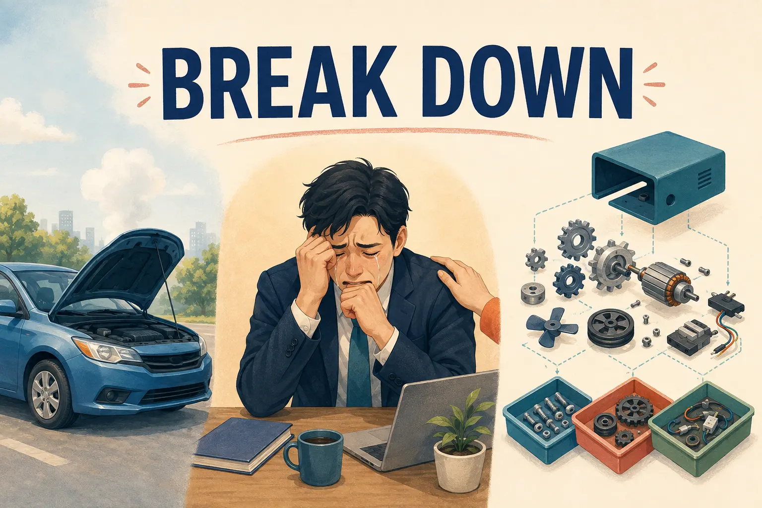 BREAK DOWNの文字と、車の故障・泣き崩れる人・部品への分解を描いたイラスト