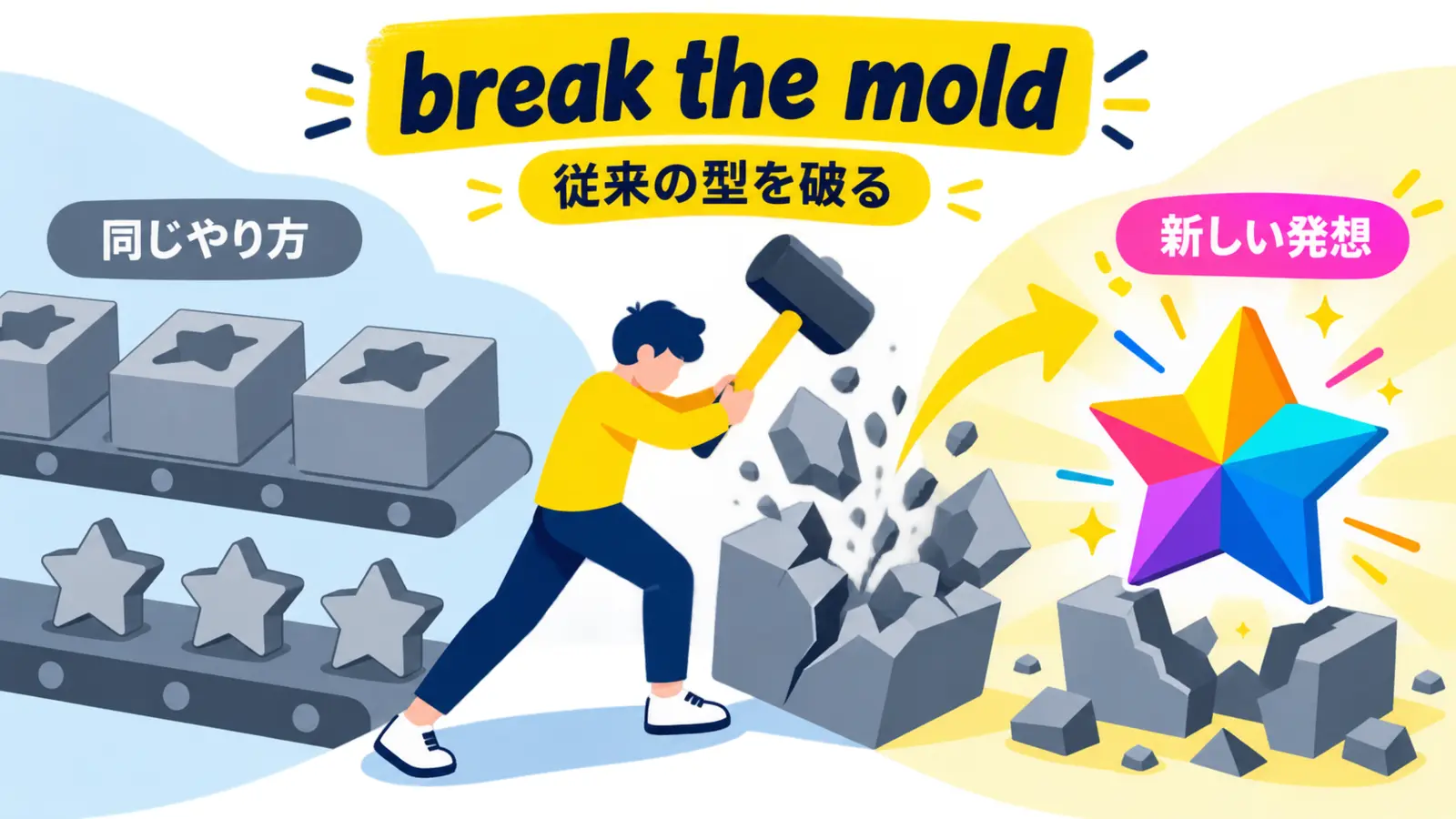 break the moldの直訳と実際のニュアンスを比較する解説イラスト