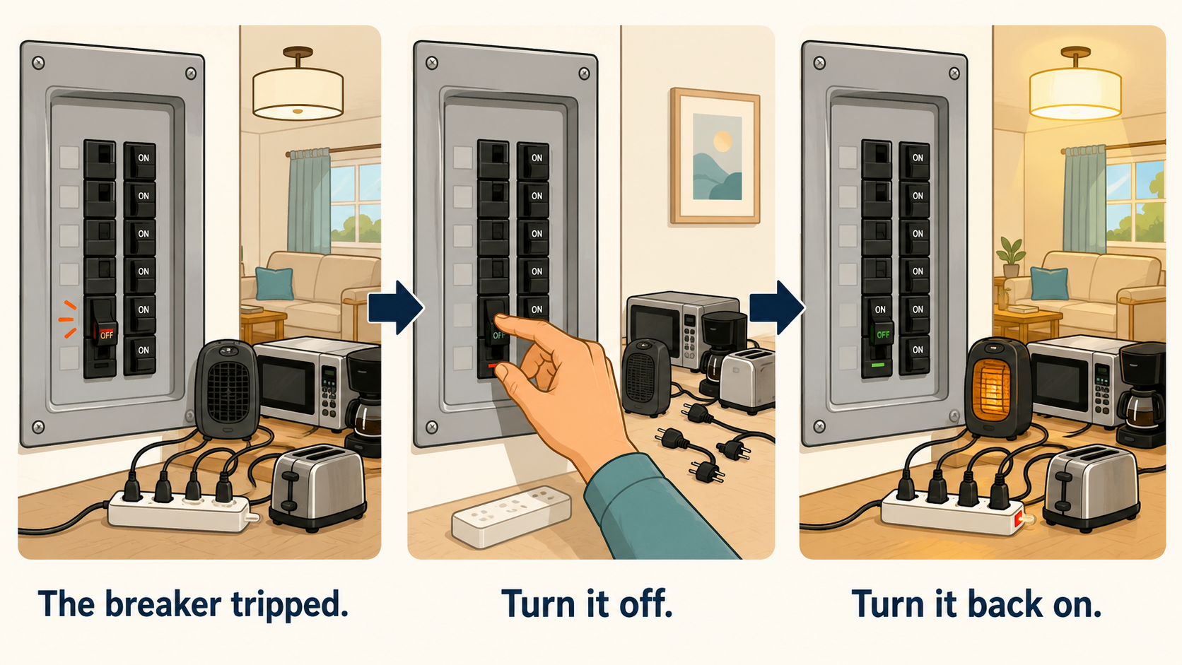 The breaker tripped、Turn it off、Turn it back onの3段階を示すブレーカー操作の英語図解