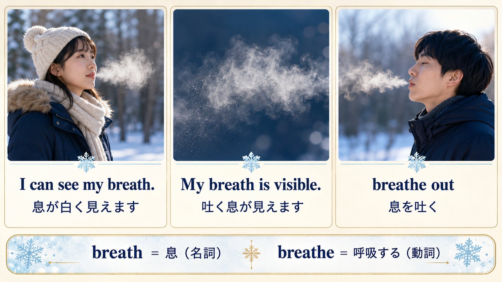 I can see my breath・My breath is visible・breathe outとbreath・breatheの違いを比較した図