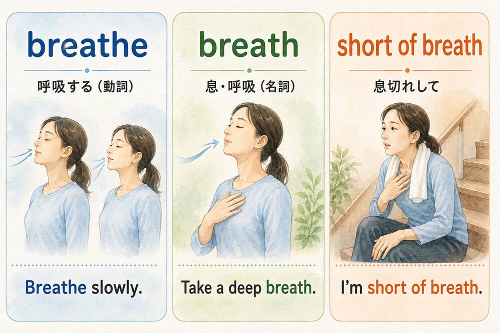 breathe・breath・short of breathの違いを示す比較イラスト