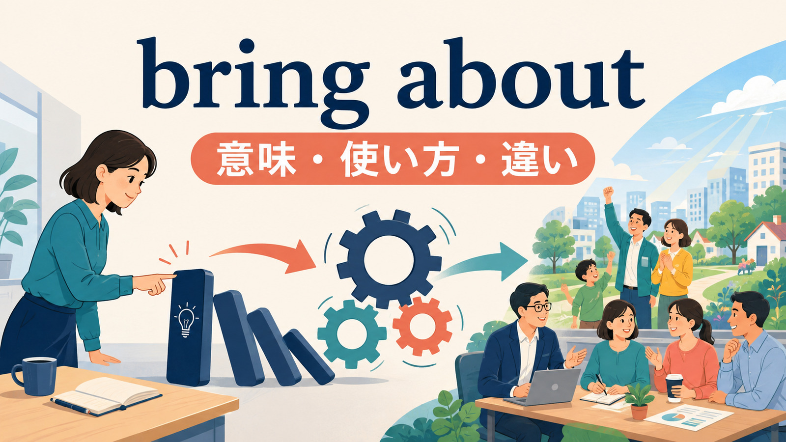 bring aboutの意味は？「変化・結果をもたらす」の使い方・語順とbring onとの違い
