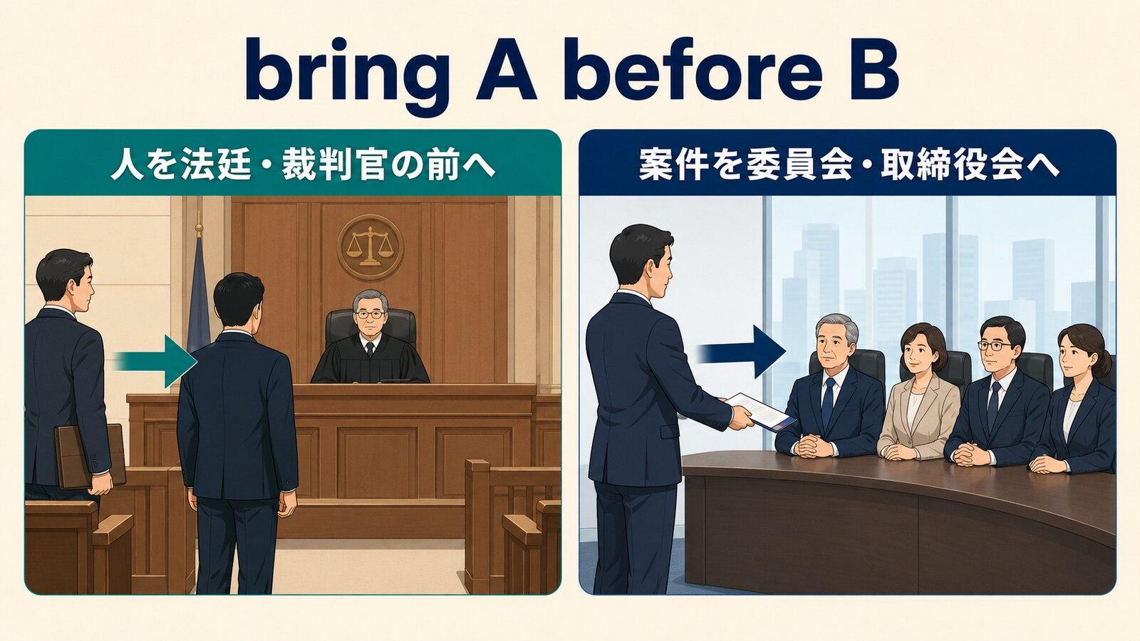bring A before Bで人を法廷へ、案件を委員会や取締役会へ出す語順を示すイラスト