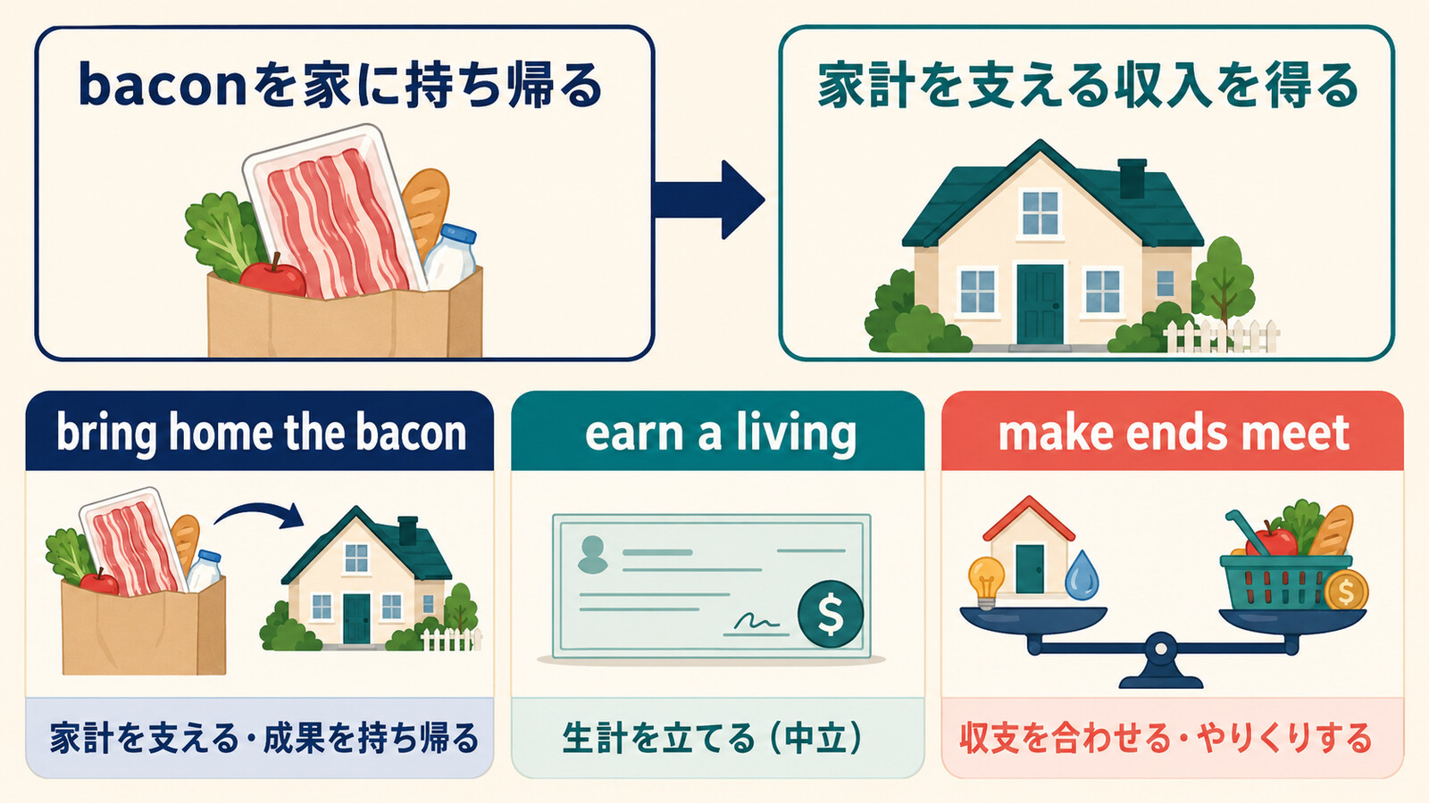 bring home the bacon・earn a living・make ends meetの意味とニュアンスの違い