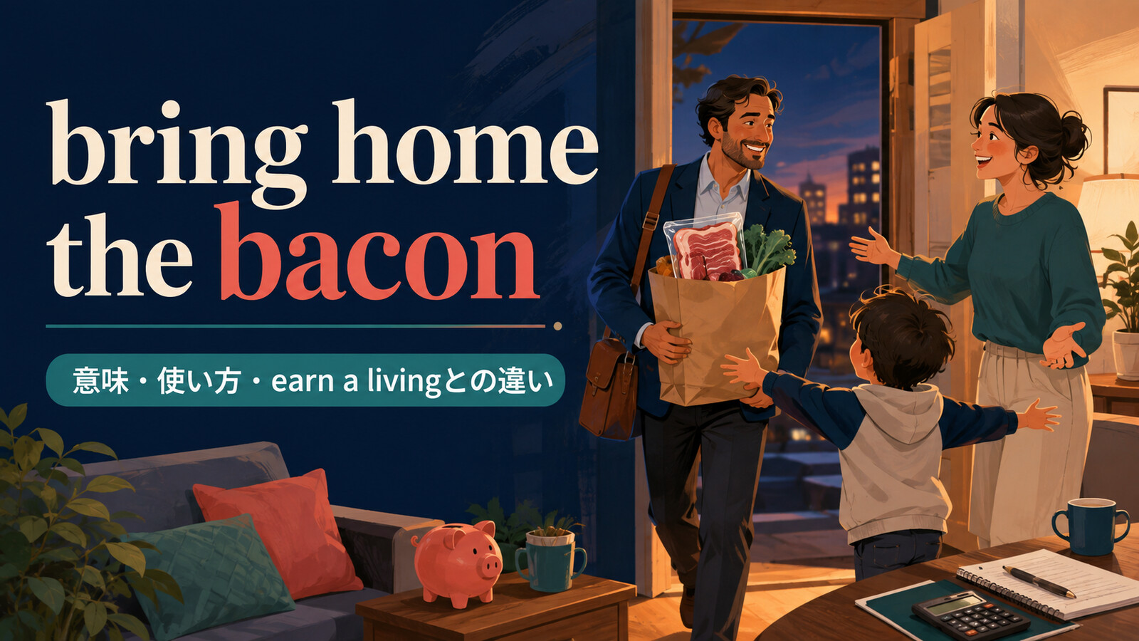 bring home the baconの意味・使い方・earn a livingとの違いを示すアイキャッチ画像