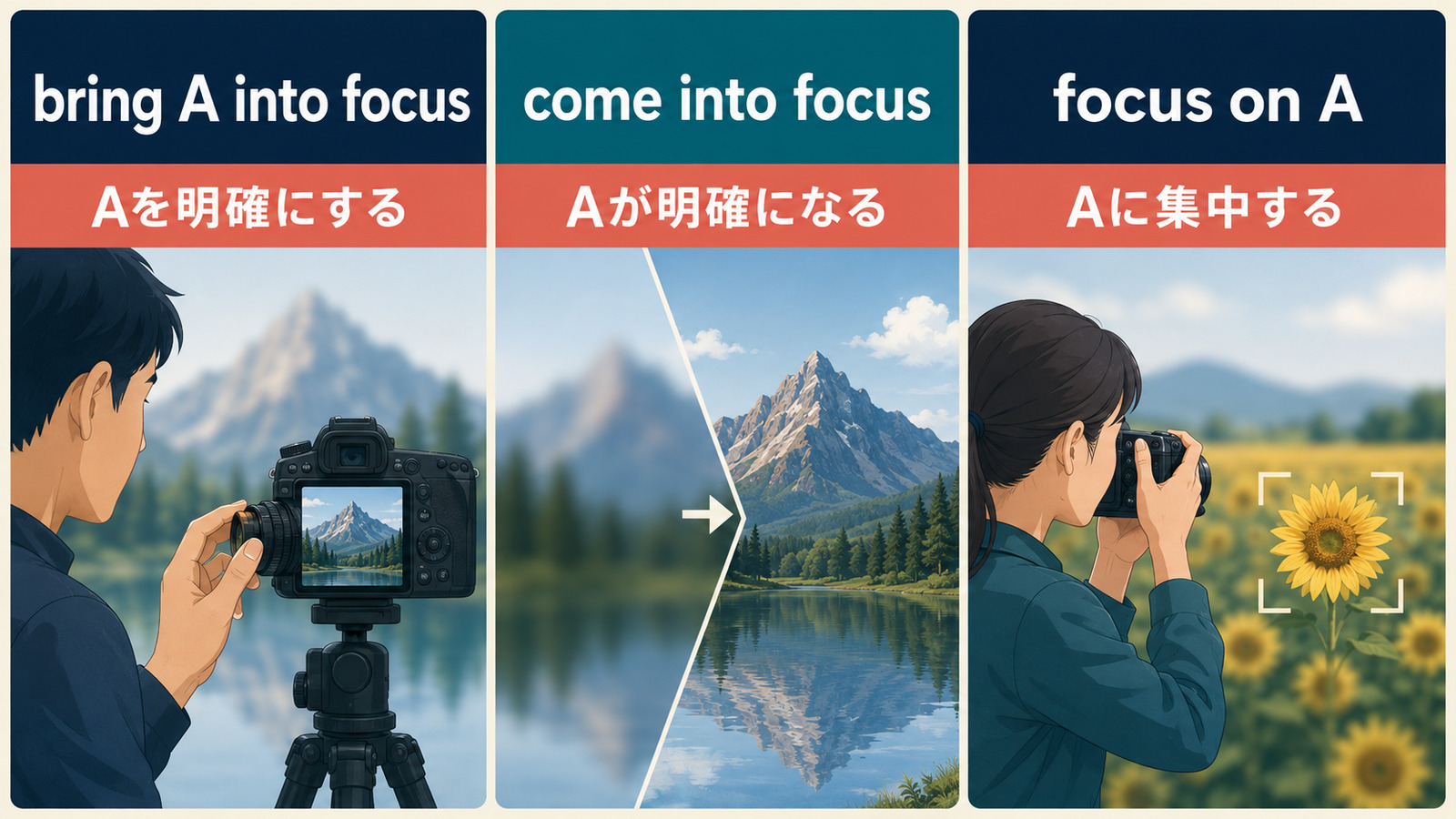 bring A into focusとcome into focusとfocus on Aの語順と視点の違いを比較するイラスト