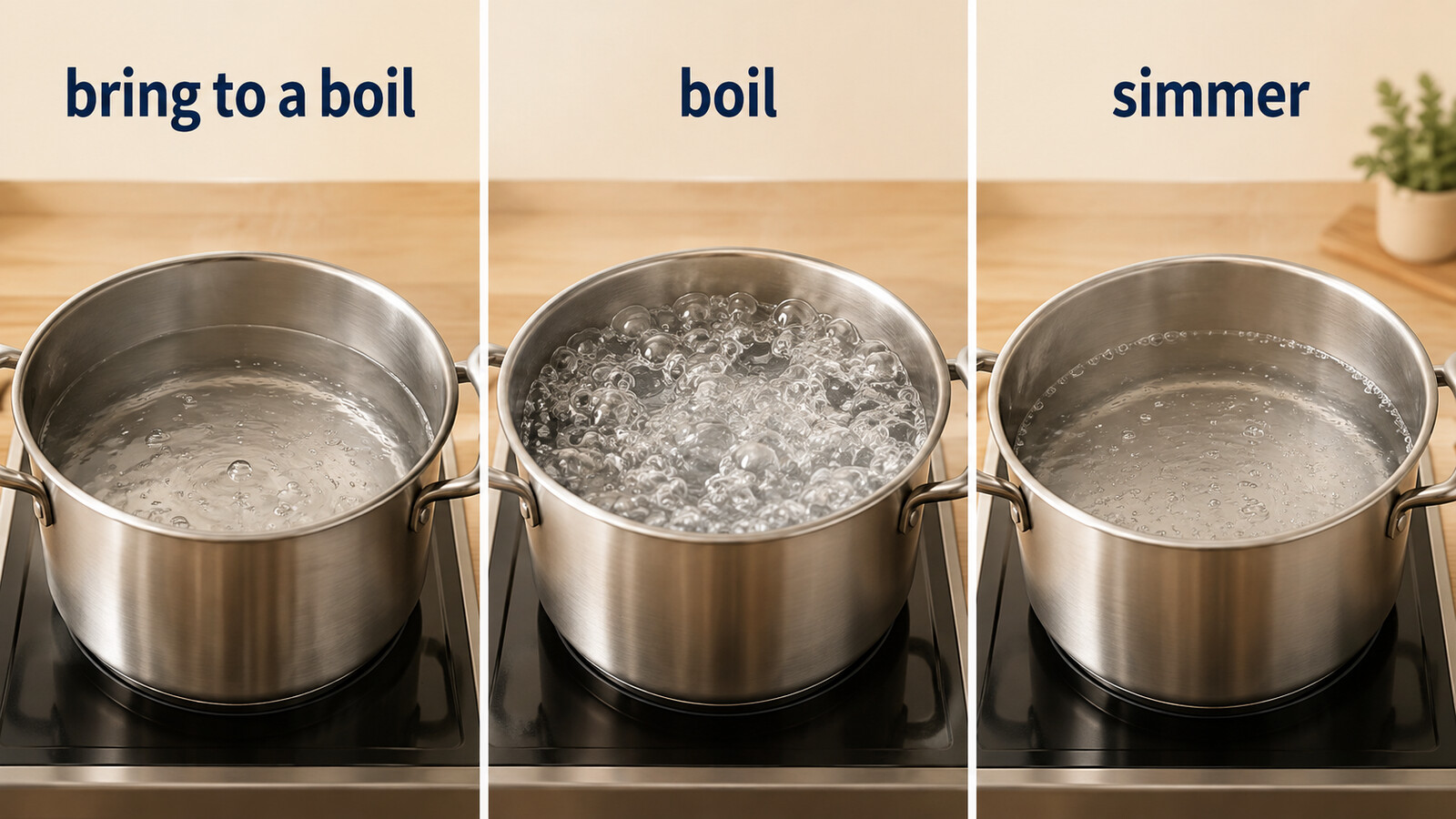 bring to a boil、boil、simmerの泡立ちの違いを3つの鍋で示した比較イラスト