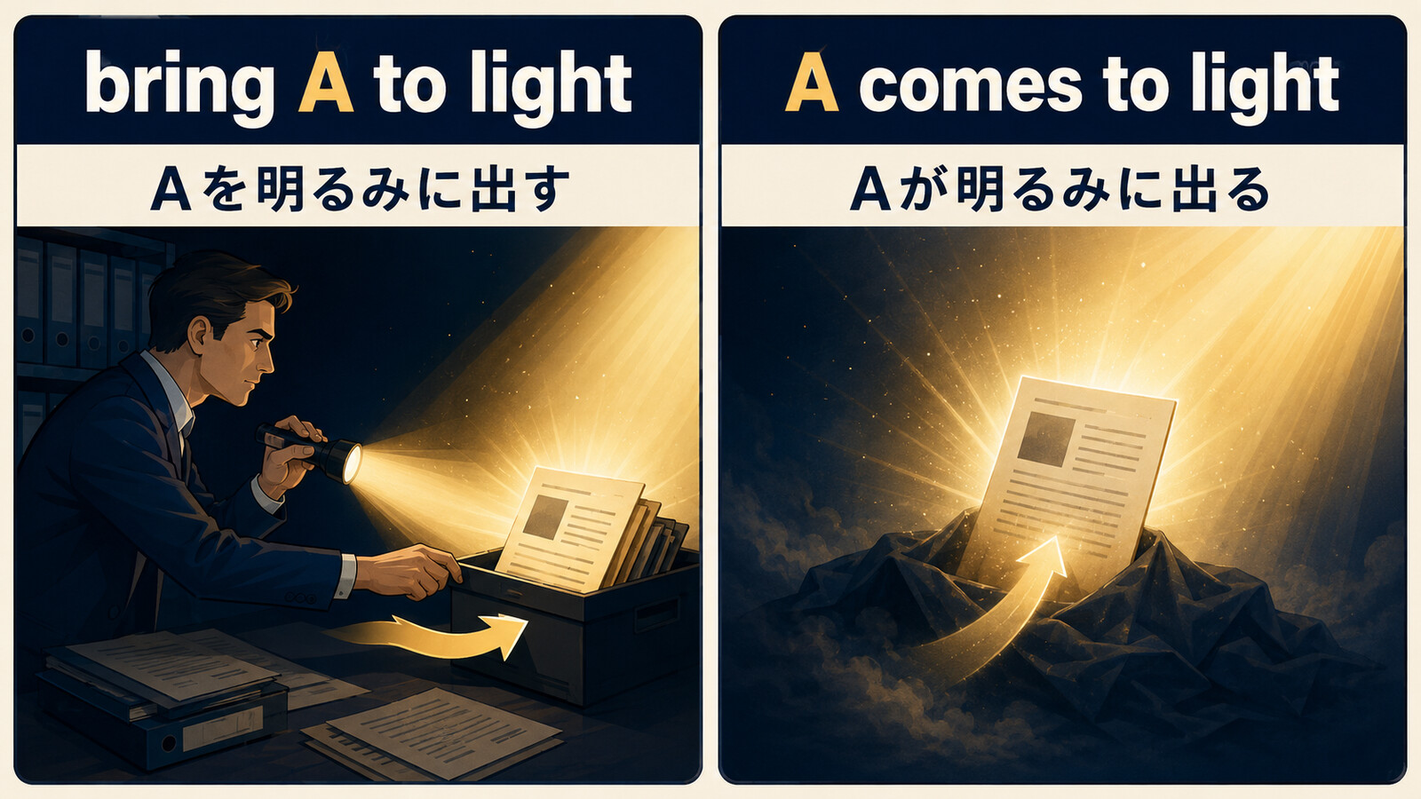 bring A to lightとcome to lightの他動詞・自動詞の違いを比較する解説イラスト