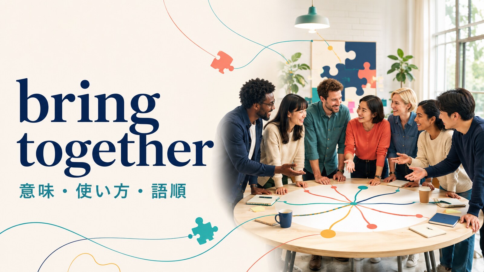 bring togetherの意味・使い方・語順を解説するアイキャッチ画像