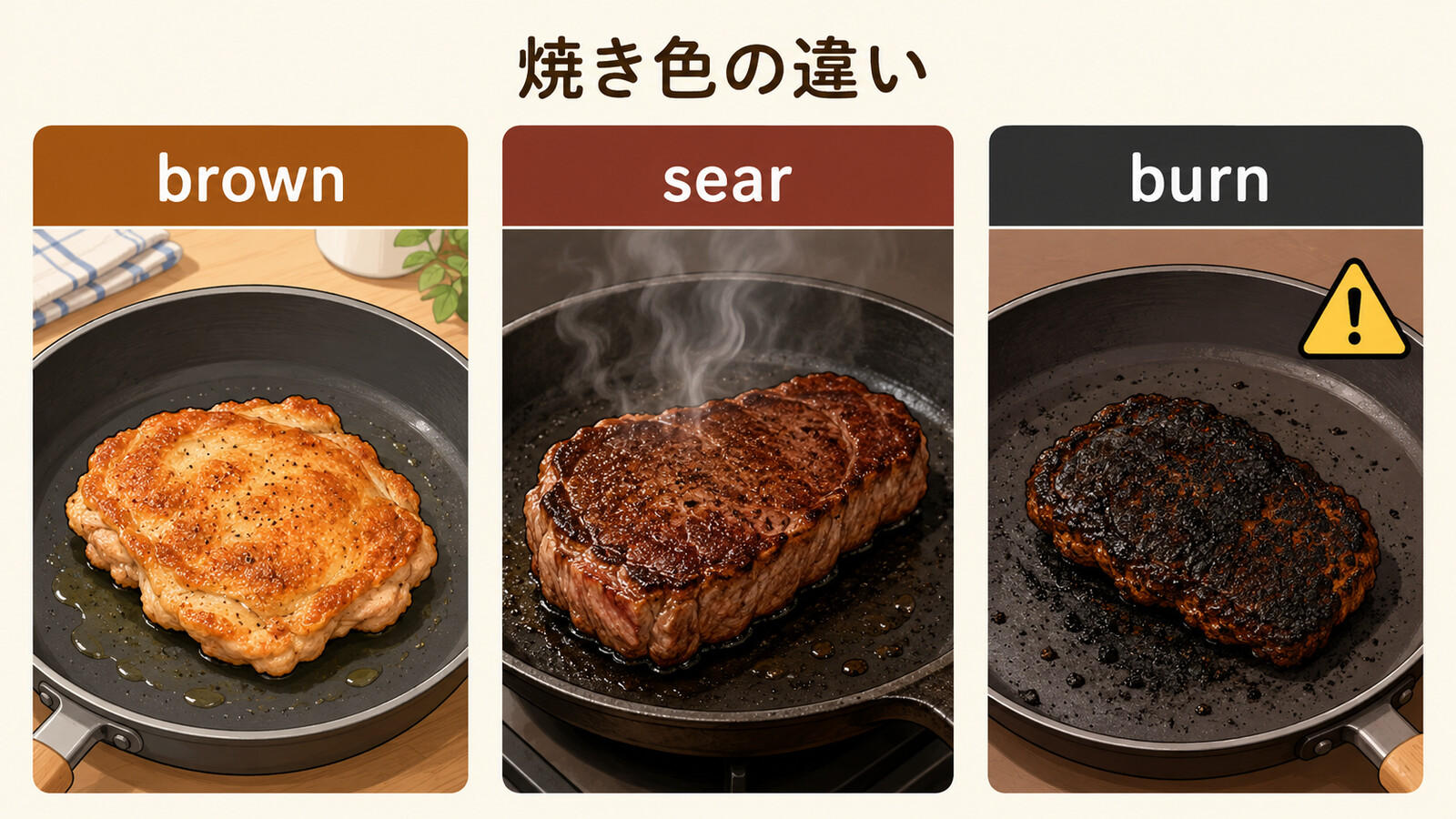 焼き色をつけるbrown、高温で表面を焼くsear、焦がすburnの違いを示す比較イラスト